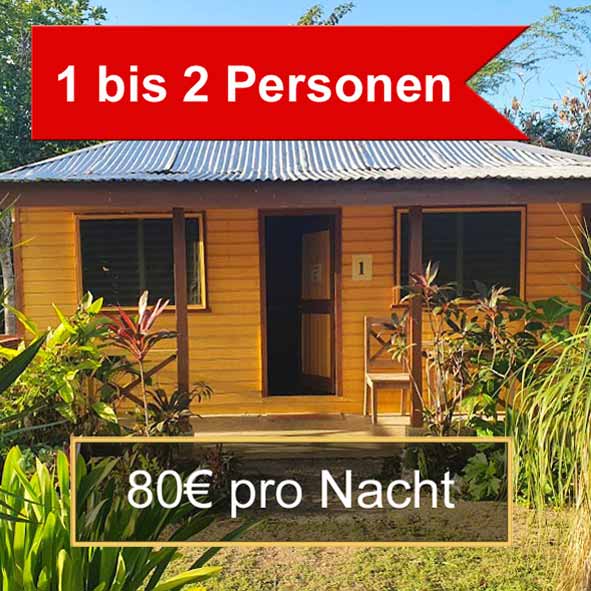 Das Bild zeigt die Aussenansicht des kleinen gelben Cottage welches "Ackee Tree Cottage" genannt wird